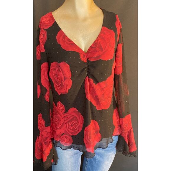 FASHION BUG Vintage 90's Y2K rose print blouse women size Medium long sleeve - Picture 2 of 9